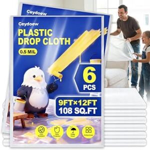 6 Pack Plastic Drop Cloths for Painting 9x12ft - Disposable Premium Plastic Tarp for Painting, Lightweight Drop Cloth for Painting for Furniture & Floor Protection