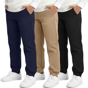 3 Pack Boys Uniform Jogger Pants School Wear Elastic Waist Pull-on Stretchy Pants with Pockets for Kids 6-14 Years