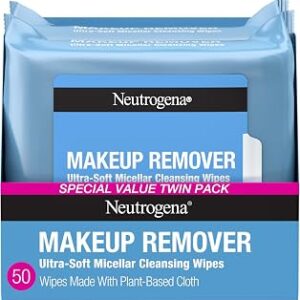 Neutrogena Makeup Remover Wipes Micellar Alcohol-Free Face Towelettes Remove Waterproof Mascara & Oil, Compostable 100% Plant-Based Cloth, Dermatologist & Ophthalmologist Tested, Twin Pack 2 x 25 ct
