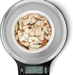 Amazon Basics Digital Kitchen Scale with LCD Display, Tare Function, Multiple Units, Weighs up to 11 Pounds, Batteries Included, Black and Stainless Steel