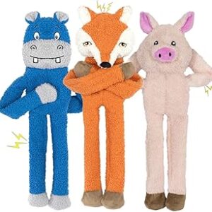 3 Pack No Stuffing Dog Toys Crinkle Squeaky Interactive Plush Dog Toy, not for Aggressive Chewers, to Keep Them Busy,Shape Orange Fox Pink Pig Blue Hippo