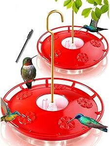 eWonLife 2 Pack Hummingbird Feeders for Outdoors, 16oz Leak-Proof Saucer Humming Bird Feeder with Integrated Ant Moat, Bee Proof Feeding Ports, Brush, Easy Clean & Refill, Hanging Garden Decor for Mom