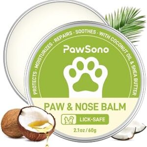 PawSono Lick-Safe Dog Paw & Nose Balm with Coconut Oil | All-Natural Moisturizer & Soother for Dry, Cracked Pads & Snout | Heat & Cold Pavement Protection Wax, Nose Butter for Bulldogs (2.1 oz / 60 g)