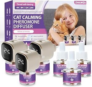 Cat Calming Diffuser Kit with Timer And Memory Adjustable 4/8/12/24H Cat Pheromone Diffuser 3-Pack (48ml Each) Helps Reduce Stress, Spraying, Fighting, Excessive Meowing & Scratching Fits All Cats