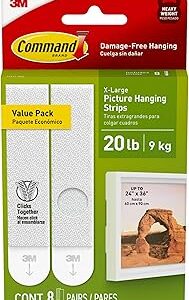 Command 20 lb XL 8 Pairs Heavyweight Picture Hanging Strips (16 Strips), Damage-Free Hangers for Picture Frames, No Tools Required, Ideal for Home Room Wall Decor, White Adhesive