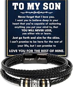 To My Son Bracelet From Mom, Son Gift From Dad, Christmas Graduation Wedding Birthday Gifts For Sons With Message Card And Box, Love You Forever Connected Son's Leather Bracelets