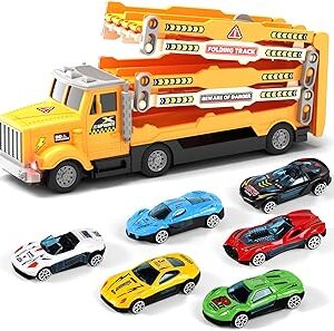 HONGTUO Race Track Truck Toy for Kids – Foldable 3-Layer Car Track Playset with 6 Vehicles, Light & Sound Transport Truck, Christmas & Birthday Gift for Boys and Girls Ages 3-6