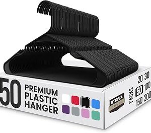 Utopia Home Plastic Hangers 50 Pack, Space-Saving Clothes Hangers with Non-Slip Shoulder Grooves for Strappy Clothes, Ideal for Home Closet Organization and Warddrobe Solutions (Black)