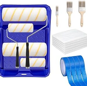 20 Pieces Paint Roller Set, 94 Roller, Brush, Tray, Blue Tape and Plastic Drop Cloths Blue Paint Supplies for Multi-Purpose, Wall Furniture Door Painting, DIY Crafts Arts
