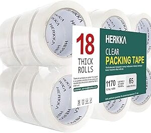 HERKKA Clear Packing Tape, 18 Rolls Heavy Duty Packaging Tape for Shipping Packaging Moving Sealing, Thicker Clear Packing Tape, 1.88 inches Wide, 65 Yards Per Roll, 1170 Total Yards