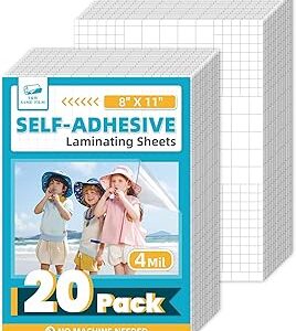 Self Adhesive Laminating Sheets, 4mil, 8 x 11 Inch No Heat Laminating Sheets, Self Sealing Laminating Sheets for Laminator, Round Corner, No Heat, No Machine Needed-20 Pack