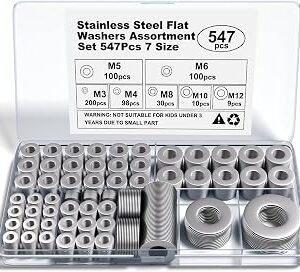 Stainless Steel Flat Washers Assortment, 18-8 (304) Stainless Steel, 547-Piece Set (Assorted Metric Sizes M3-M12, 3mm, 4mm, 5mm, 6mm, 8mm, 10mm, 12mm) with Plastic Storage Case