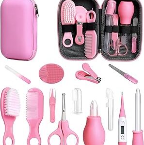 Baby Healthcare and Grooming Kit, 14 in 1 Baby Safety Set Newborn Nursery Health Care Set with Hair Brush Scale Nail Clippers for Baby Girls Boys (14 Kits Pink)