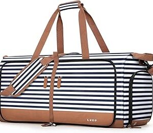 Lekesky Foldable Travel Duffle Bag for Women, 80L Large Duffel Bag with Separate Shoes Compartments & Straps, Carry On Weekend Bag for Women, Hospital, Overnight (Blue Stripes)