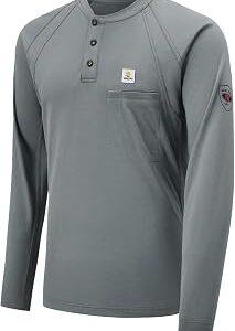 FR Shirts for Men Light Weight Flame Resistant Henley Shirts Long Sleeve Shirts HRC2/CAT2 6.5oz 100% Cotton