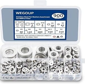 WEGOUP 900 Pcs Stainless Steel Flat Washers for Screws, 304 Stainless Steel, Assorted Sizes (M2 M2.5 M3 M4 M5 M6 M8 M10 M12) for Industrial Use, Washers for Bolts