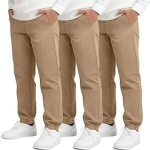 3 Pack Boys Uniform Jogger Pants Kids Cotton Pull-on Elastic Waist Relaxed Fit School Clothes with Pockets(Khaki,12-13 Years)