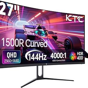 KTC 27 Inch Curved Gaming Monitor, 1440P QHD 144Hz PC Monitor, 1500R Computer Display Adaptive Sync, HDR400, 4000:1 Contrast, Eye Care, DP HDMI Port, VESA Wall Mountable, H27S5C