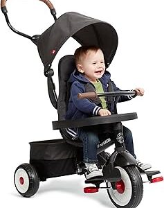 Radio Flyer City 4-in-1 Stroll 'N Trike, Black, for Riders 1-5 Years Old, 4 Riding Modes, 3 Point Harness with Comfort Pad, Parent Controlled Steering, Rear Storage, Stroller Tricycle for Toddlers