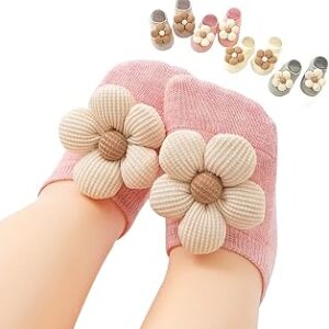 KEAINVRN 4Packs Baby Girls Socks,Flower Non-Slip Grips for Babies Toddler Princess Low Cut Ankle Socks for Girls