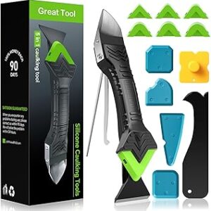 Caulking Tool 5 in 1 Silicone Caulking Grout Removal Sealant Finishing Tool with Grout Scraper, 6 Exchange Silicone Pads, Adhesive Residue Scraper Seam Repair Kit for Kitchen Bathroom