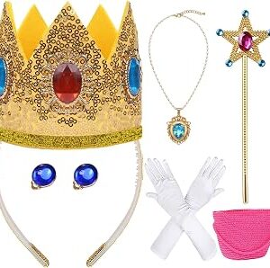 ZIW Princess Accessories Set Kids, 6 Piece Royal Fairytale Costume Accessories for Girls Halloween Party Cosplay Classic Video Game Inspired Crown Wand Gloves Necklace Earrings Handbag