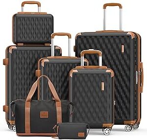 Melalenia Luggage Sets 7 Piece Suitcase Set, Hard Shell Carry on Luggage Travel Suitcases with Spinner Wheels and TSA Lock, Lightweight Luggage Set for Women, Black Brown