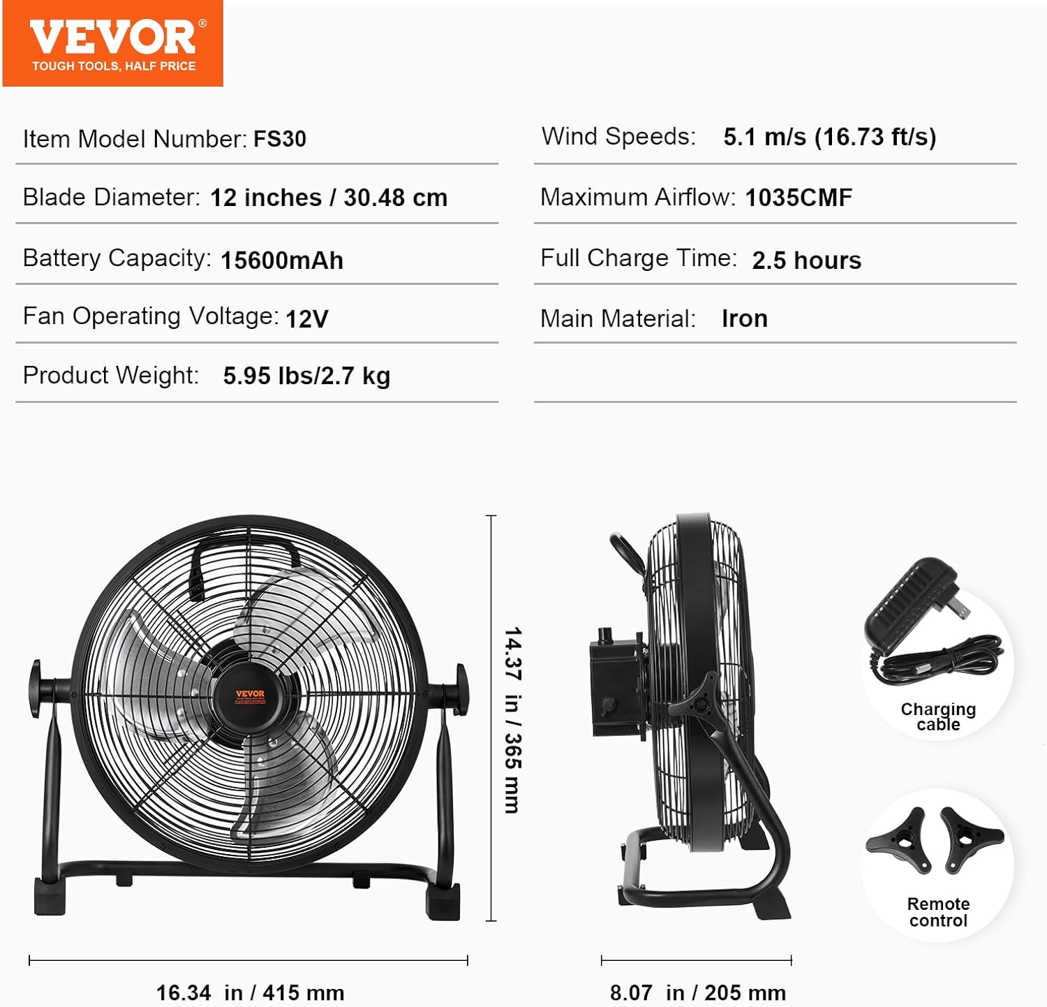 VEVOR Ventilador de piso recargable de 12 pulgadas, ventilador personal silencioso portátil - Imagen 2