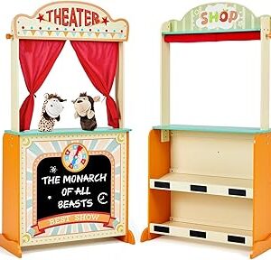 labebe - Deluxe Wooden Puppet Theater Bonus 2 Hand Puppet, ﻿2-in-1 Clock Theater Reversible Play Store, Double-Sided Lemonade Stand, Puppet Show Theater Toy with Chalkboard for Kids 36M+