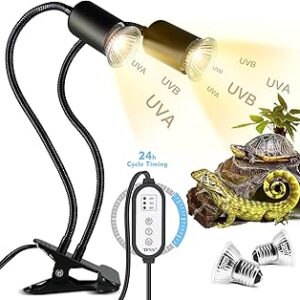 TFNN Reptile Heat Lamp, Double-Head Heat Lamp with Clamp, UVA UVB Reptile Light with Intelligent Cycle Timer for Turtle, Bearded Dragon, Lizard and More, 2 Bulbs 25W+50W