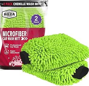 AIDEA Car Wash Mitt Microfiber, 2PK Scratch Free Lint-Free, Premium Chenille Microfiber Mitt Car Wash Brush, Green, Regular Size 7.12''X10.14''