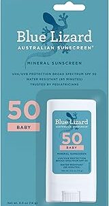Blue Lizard BABY Mineral Sunscreen Stick with Zinc Oxide, SPF 50+, Water Resistant, UVA/UVB Protection - Easy to apply, Fragrance Free, .5 oz