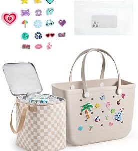 BAGSMART Large Beach Bag for Women with Cooler, Rubber Tote Bag with Charms, Waterproof Vacation Essentials for Swim Pool
