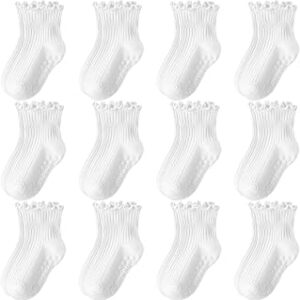 Aroveea Toddler Girls Socks 12 Pack Grip Non Slip Ruffle Frilly Cotton Socks for Toddlers Baby Girls Kids Cute 6M-7Years