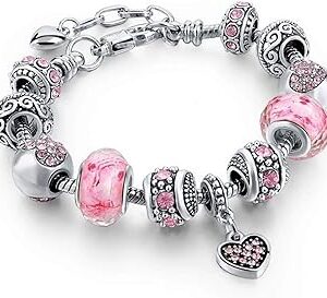 Capital Charms Pink Hearts Silver Plated Charm Bracelet Set, Jewelry Gifts with Beads, Charms, and Adjustable Snake Chain, Fits 7.5+1.5