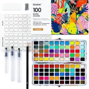 Grabie 100 Colors Watercolor Paint Set - 50 Regular, 35 Metallic, 10 Macaron and 5 Fluorescent Colors - Portable with Carrying Case, Water Brush Pens, and Accessories - For Beginners and Professionals