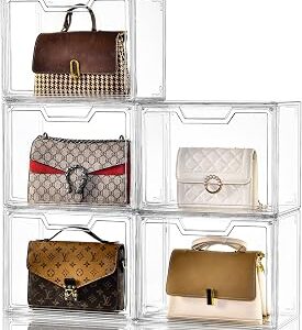 Purse Organizer for Closet,Clear Acrylic Display Case for Handbag Organizer, Purse Storage Box with Magnetic Door, Plastic Storage Bins for Book, Collectibles, Cosmetic (5 Pack)