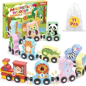 11 Pcs Magnetic Train Set Montessori Toys for 1 2 3 Years Old Toddlers Boys Girls, Wooden Animals Preschool Learning Easter Basket Stuffers Sensory Toys Birthday Gifts Ages 1-3, 2-4