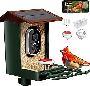 Smart Bird Feeder with Camera Solar Powered 2K HD Video, 10,000+ Species AI Recognition, Real-Time App Alerts, and Weatherproof Design for Effortless Birdwatching, Gift for Bird Lovers, Green Brown