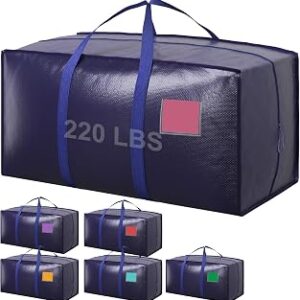 6 Pack Moving Bags with Full-Open Side Zipper, Extra Large 93L Heavy Duty Waterproof Foldable Storage Totes for College Dorm, Moving & Home Organization, Blue