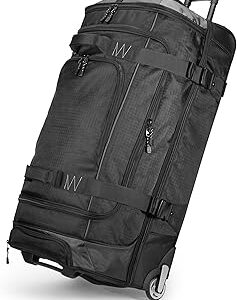 Amazon Basics 35-inch Large Rolling Duffel Bag with Wheels and Handle, Travel Duffle with Durable Ripstop Polyester Material, 2 Layers of Storage Space, Multiple Interior and Exterior Pockets, Black
