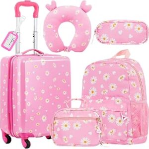 Redbaker 17 Inch 6 Pcs Kids Luggage Set Kids Rolling Luggage Double Pattern Suitcase for Boys Girls (Light Pink, Leopard Print Style)