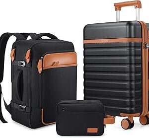 UKEIN Luggage Sets 3 Piece, Carry On Luggage 20In With Spinner Wheels,PC Hardside Suitcase Set with TSA Lock,Durable Carry On Suitcase With Travel Backpack for Men (Black, 3 piece set (20inch))