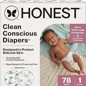 The Honest Company Comfort Dry Disposable Diapers for Sensitive Skin, Hypoallergenic, All The Alpacas + Turtle Time, Club Box Size 1 (8-14 lbs) 78 Count