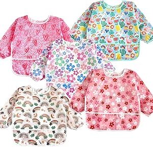PandaEar 5 Pack Baby Long Sleeve Bibs| Waterproof Full Sleeve Bib for Baby Infant Toddler 6-36 Months