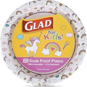 Glad for Kids Unicorn Theme Kids Plates, Heavy-Duty Round Disposable Paper Plates with Soak-Proof Coating, Microwave Safe for Snacks & Meals, Cute Unicorn Print, 8.5 Inch, 20 Count