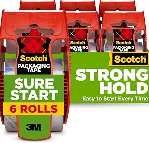 Scotch Sure Start Packing Tape, Clear, Quiet Unwind and Easy Start, 1.88 in. x 22.2 yd., 6 Tape Rolls with Dispensers