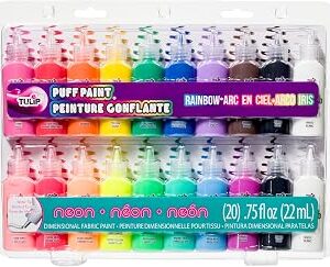 Tulip Puff Paint 20-Color Party Pack, Multi-Surface, Premium Quality, Nontoxic & Waterproof Craft Paint, Permanent on Fabric, Rainbow