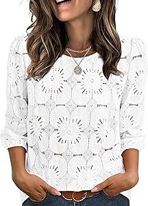 Sampeel Women Blouses Dressy Casual 3/4 Length Sleeve Tops Eyelet Lace Spring Summer Shirts Beach Vacation Clothes