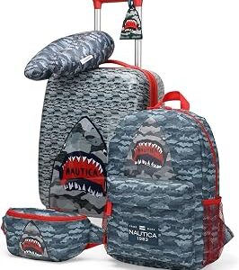 Nautica Kids Luggage - 18 Airline Approved Rolling Hardside Upright Carry-on Suitcase Set with Wheels (Shark Attack | 5pc Travel Set)